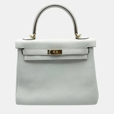 Pre-owned Hermes Mushroom Togo Leather Kelly 25 Bag In White