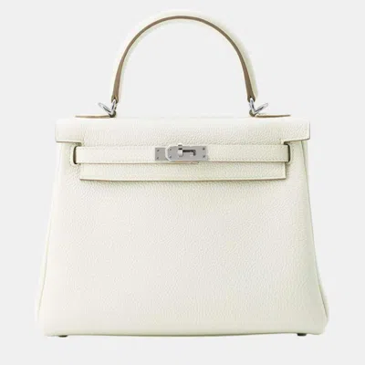 Pre-owned Hermes Mushroom Togo Leather Kelly Retourne 25 Top Handle Bags In White