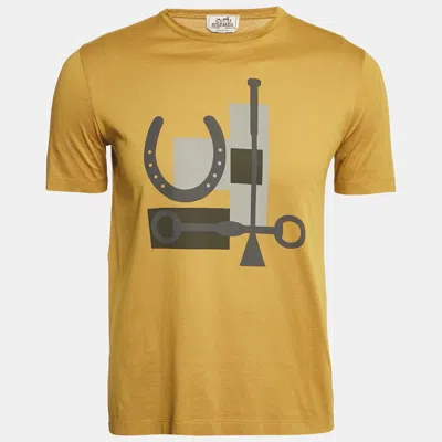 Pre-owned Hermes Mustard Yellow Printed Cotton Crew Neck T-shirt Xs