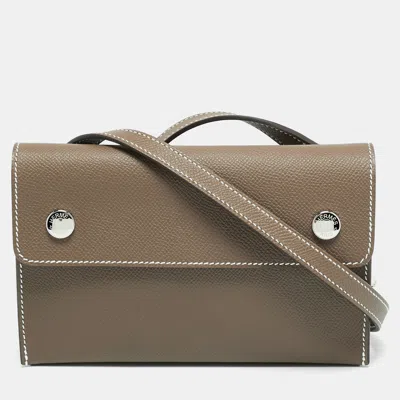 Pre-owned Hermes Nap Etoupe Epsom Leather Wallet On Strap In Gray