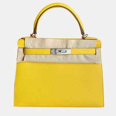 Pre-owned Hermes Naples Yellow Epsom Leather Kelly 28 Top Handle Bag