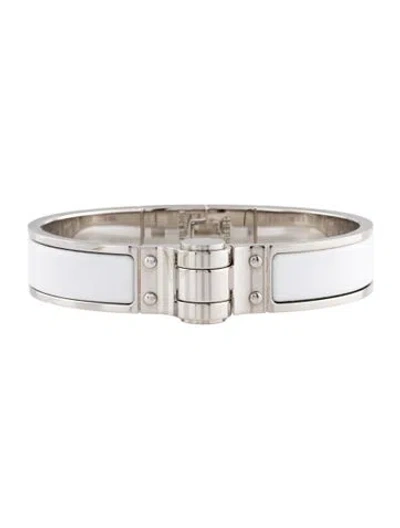 Pre-owned Hermes Narrow Enamel Hinged Bangle Bracelet, 6.5" In White