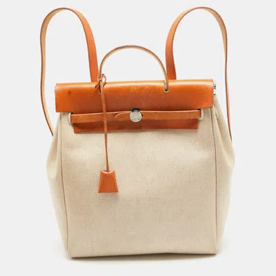 Pre-owned Hermes Natural Canvas And Leather 2-in-1 Herbag Backpack