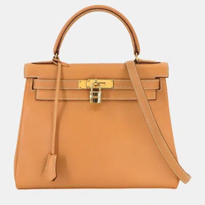 Pre-owned Hermes Natural Cushvel Epsom Z Engraved Gold Hardware Kelly 28 Handbag In Orange