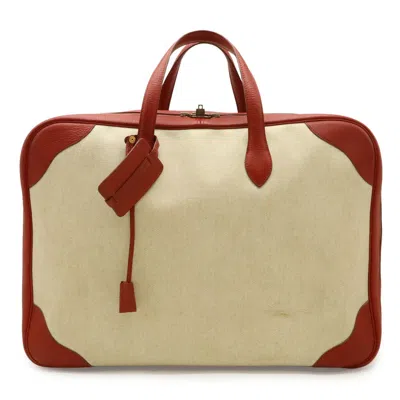 Pre-owned Hermes Natural Red Color Toile H Taurillon Clemence Leather Boston Bag () In Natural, Red Color