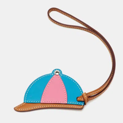 Pre-owned Hermes Hermès Natural Sable/bleu Zanzibar/rose Azalee Swift Leather Paddock Bombe Bag Charm In Multi