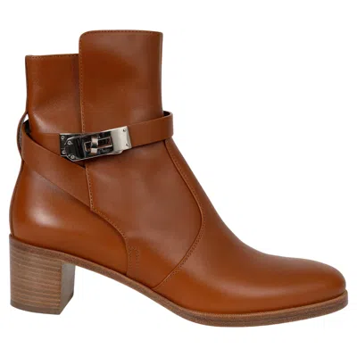 Pre-owned Hermes Natural Tan Leather 2023 Frenchie 50 Ankle Boots Shoes 37.5 Fit 38 In Brown