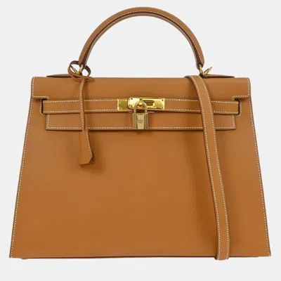 Pre-owned Hermes Natural Vache Kelly 32 Sellier Handbag In Brown