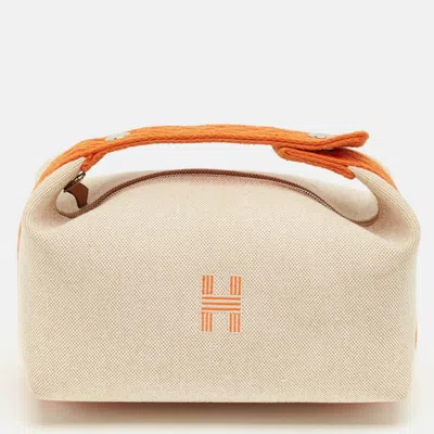 Pre-owned Hermes Natural/orange Canvas Small Bride-a-brac Pouch In Sand