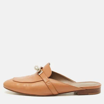 Pre-owned Hermes Naturel Leather oz Flat Mules Size 38 In Brown