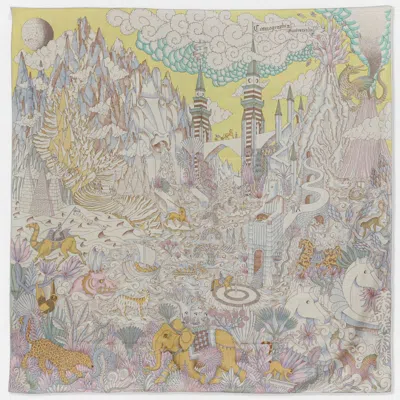 Pre-owned Hermes Naturel/jaune/rose Cashmere Silk Cosmographia Universalis Cashmere 140 Shawl In Multicolor
