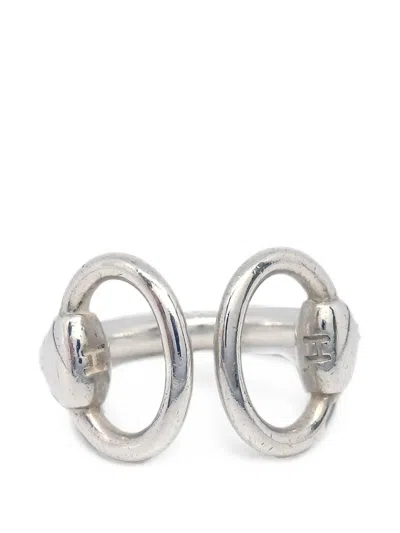 Pre-owned Hermes Nausicaa Interlocking-link Ring In Silver