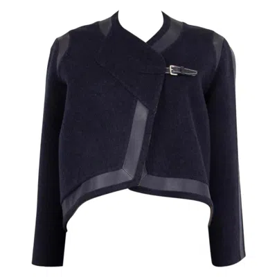 Pre-owned Hermes Navy Blue Cashmere Leather Trim Cropped Jacket Xxs