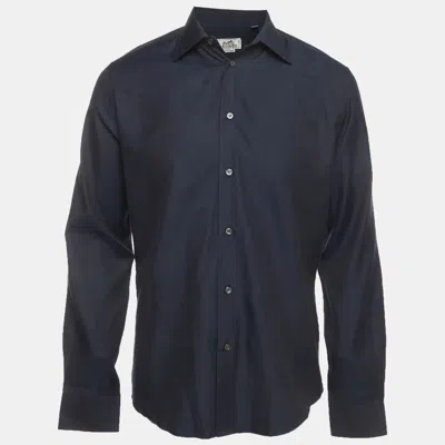 Pre-owned Hermes Hermès Navy Blue Chambray Long Sleeve Shirt M