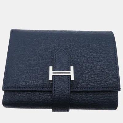 Pre-owned Hermes Navy Blue Chevre Bearn Combination Tri-fold Wallet