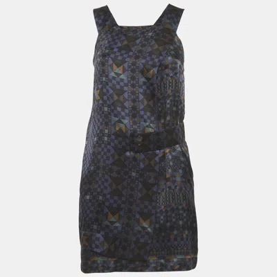 Pre-owned Hermes Hermès Navy Blue Geometric Print Satin Mini Dress S