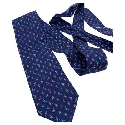 Pre-owned Hermes Hermès Navy Blue Graphic Print Silk Twill Men's Tie