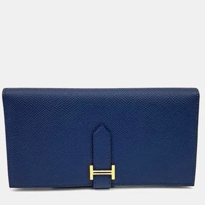 Pre-owned Hermes Navy Blue Leather Beane Long Wallet (k)
