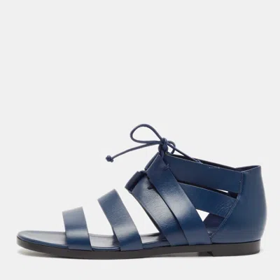 Pre-owned Hermes Navy Blue Leather Gladiator Flat Sandals Size 38.5
