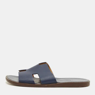 Pre-owned Hermes Navy Blue Leather Izmir Flat Sandals Size 40
