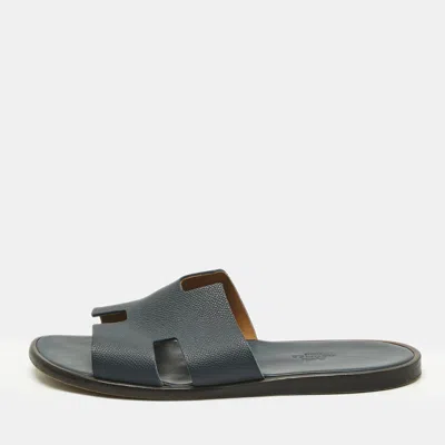 Pre-owned Hermes Navy Blue Leather Izmir Flat Slides Size 41