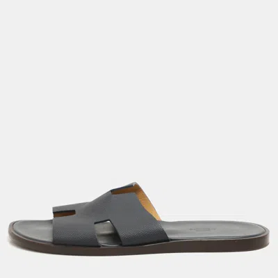 Pre-owned Hermes Navy Blue Leather Izmir Slides Size 44