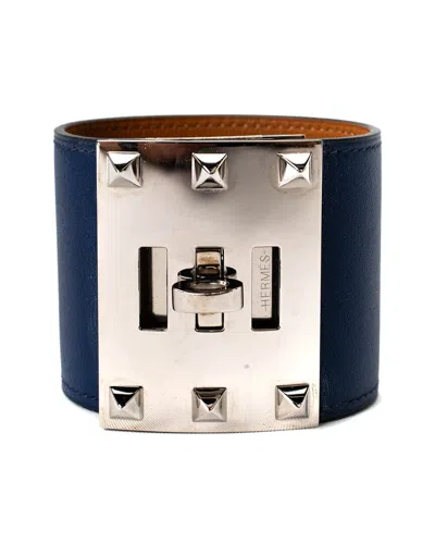 Pre-owned Hermes Hermès Navy Blue Leather Kelly Extreme Dog Bracelet (authentic Pre-loved)