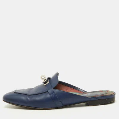 Pre-owned Hermes Navy Blue Leather oz Flat Mules Size 39.5