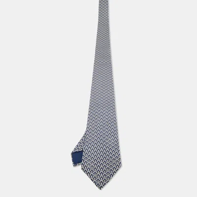 Pre-owned Hermes Hermès Navy Blue Print Silk Traditional Tie