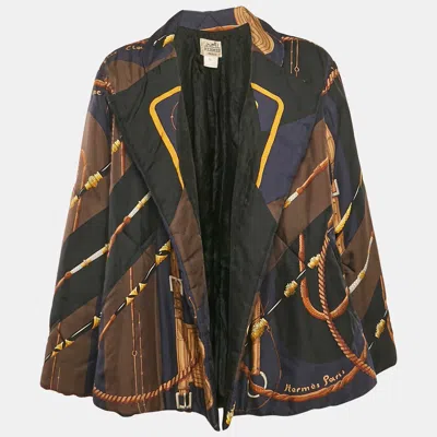 Pre-owned Hermes Navy Blue Printed Silk Padded Open Front Jacket L