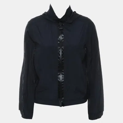 Pre-owned Hermes Navy Blue Silk Zipped Up Hooded Jacket Fr Women 34