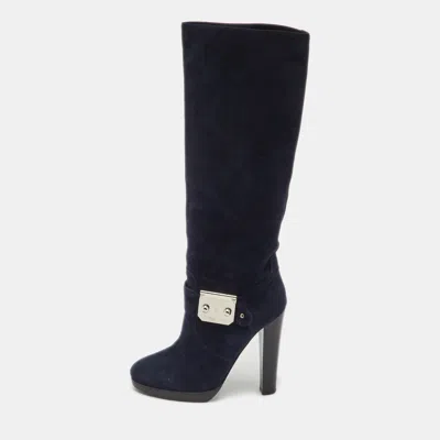 Pre-owned Hermes Navy Blue Suede Knee Length Boots Size 36.5