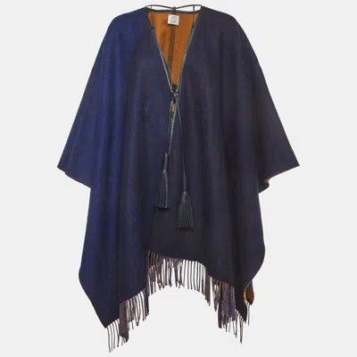 Pre-owned Hermes Hermès Navy Blue/beige Wool Blend Tassel Trim Poncho One Size