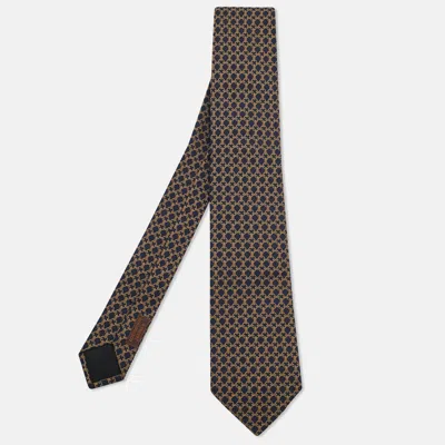 Pre-owned Hermes Navy Blue/gold Jacquard Silk Tie