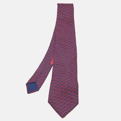 Pre-owned Hermes Hermès Navy Blue/red Printed Silk Classic Tie