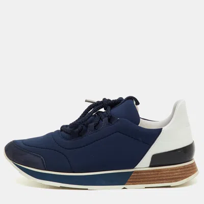 Pre-owned Hermes Navy Blue/white Neoprene And Leather Miles Lace Up Sneakers Size 39.5