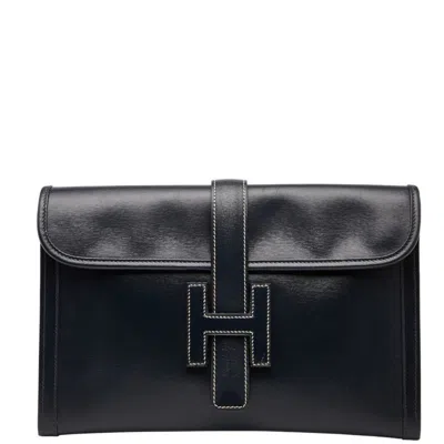 Pre-owned Hermes Navy Box Calf Leather Clutch Bag () In Blue