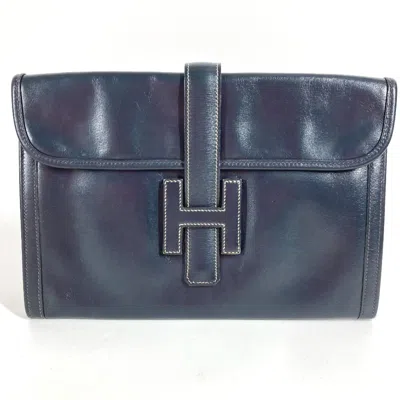 Pre-owned Hermes Navy Box Calf Leather Clutch Bag ()