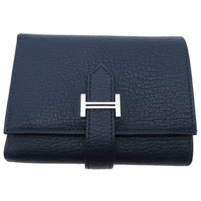 Pre-owned Hermes Navy Chevre Leather Wallet (tri-fold) ()