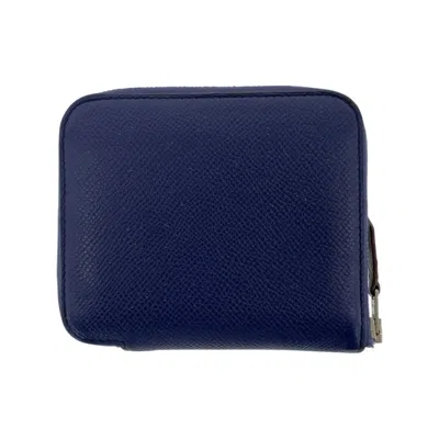 Pre-owned Hermes Navy Epsom Leather Silk Coin Purse/coin Case () In Blue