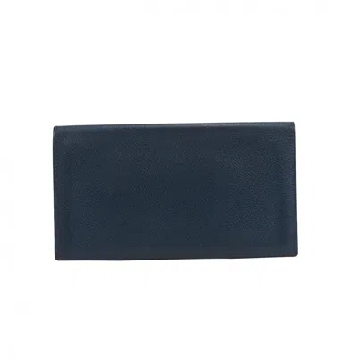 Pre-owned Hermes Navy Evercalf Leather Long Wallet (bi-fold) () In Blue