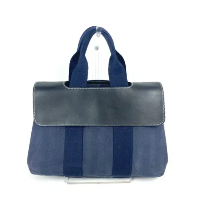Pre-owned Hermes Navy Leather Canvas Handbag Tote Bag ()