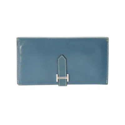 Pre-owned Hermes Navy Leather Long Wallet (bi-fold) ()