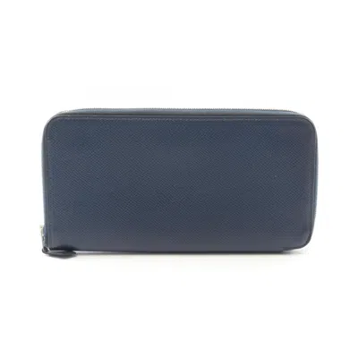Pre-owned Hermes Navy Leather Long Wallet (bi-fold) () In Blue
