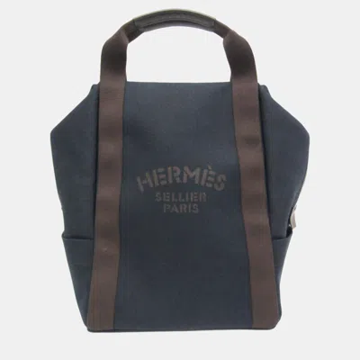 Pre-owned Hermes Navy Pansage Groom Toile Chevron Leather Backpack In Navy Blue