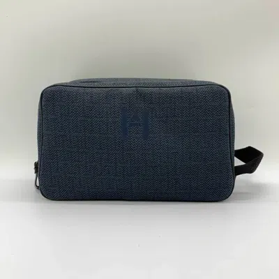 Pre-owned Hermes Navy Toile Chevron Clutch Bag Pouch ()