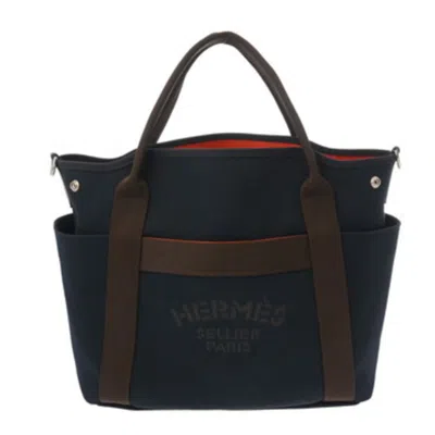 Pre-owned Hermes Navy Toile Chevron Tote Bag () In Blue