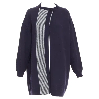 Pre-owned Hermes Navy Virgin Wool White Striped Oversized Knitted Cardigan Sweater Fr34 Xs