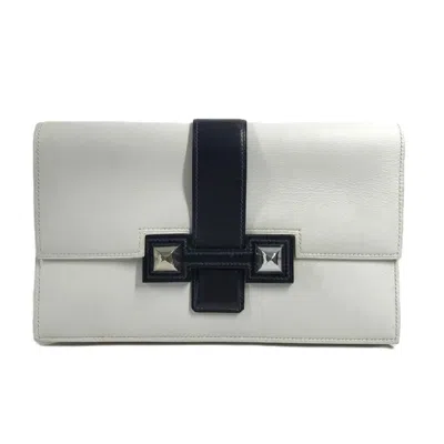 Pre-owned Hermes Navy White Leather Clutch Bag Pouch () In Navy, White
