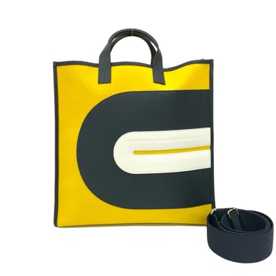Pre-owned Hermes Navy White Yellow Canvas Leather Shoulder Bag Tote Bag ()